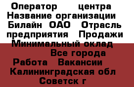 Оператор Call-центра › Название организации ­ Билайн, ОАО › Отрасль предприятия ­ Продажи › Минимальный оклад ­ 15 000 - Все города Работа » Вакансии   . Калининградская обл.,Советск г.